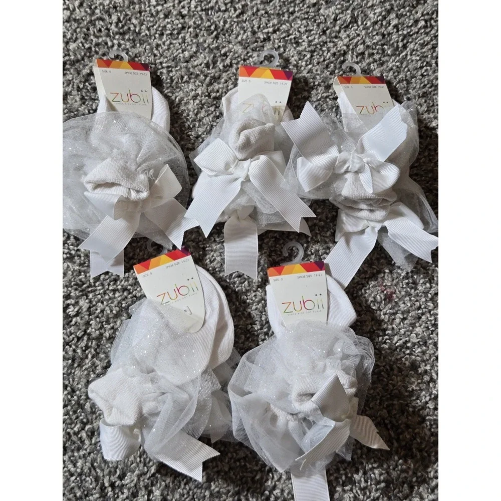 STOCKING STUFFER Zubii Girls‎ 5 Designer Dress Socks White Bow Shoe Sz 4T - 5.5